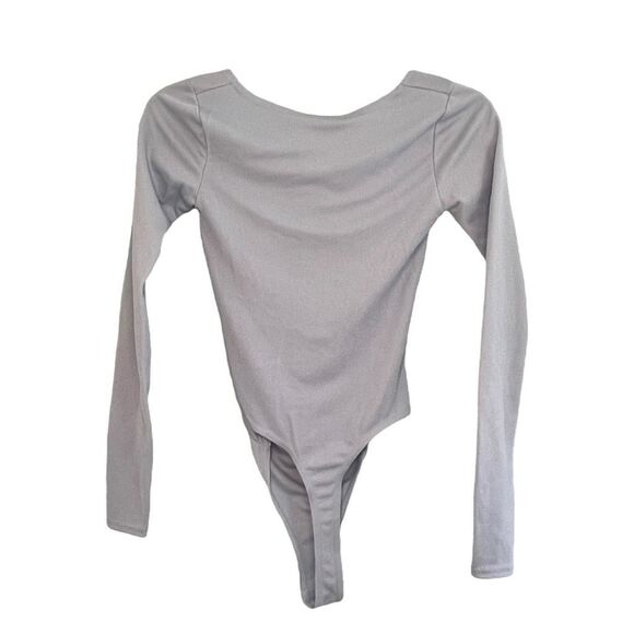 PrettyLitteThings Ruched Bodysuit Dusty Blue Long Sleeve Square Neckline 4 - Picture 4 of 9